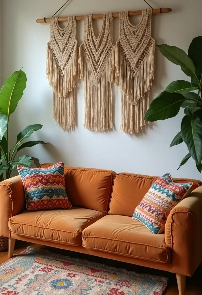 27 Camel Sofa Living Room Ideas That Add Warm Neutrals - 1. Bohemian Bliss with Macrame Accents