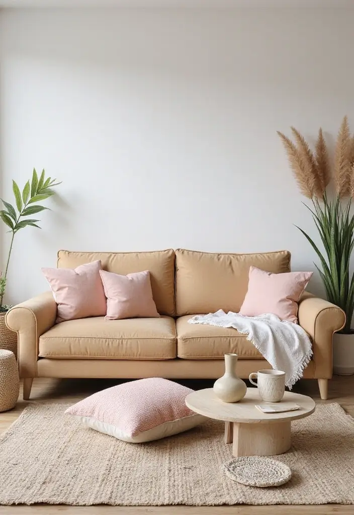 27 Camel Sofa Living Room Ideas That Add Warm Neutrals - 10. Playful Pastels with Subtle Accents