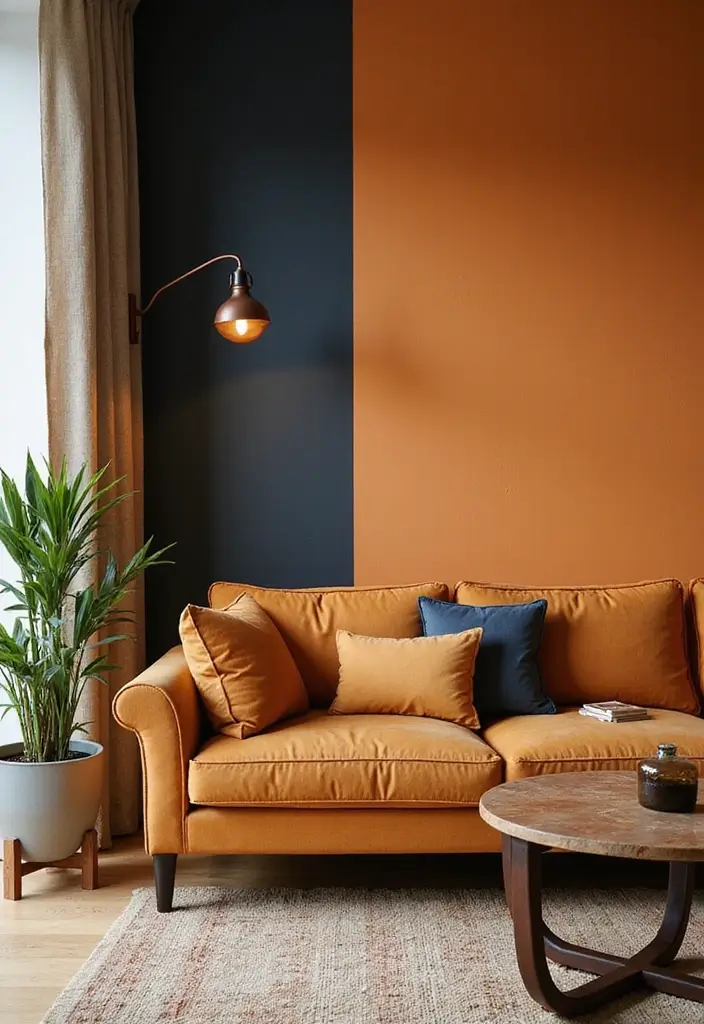 27 Camel Sofa Living Room Ideas That Add Warm Neutrals - 11. Bold Accent Walls to Make a Statement