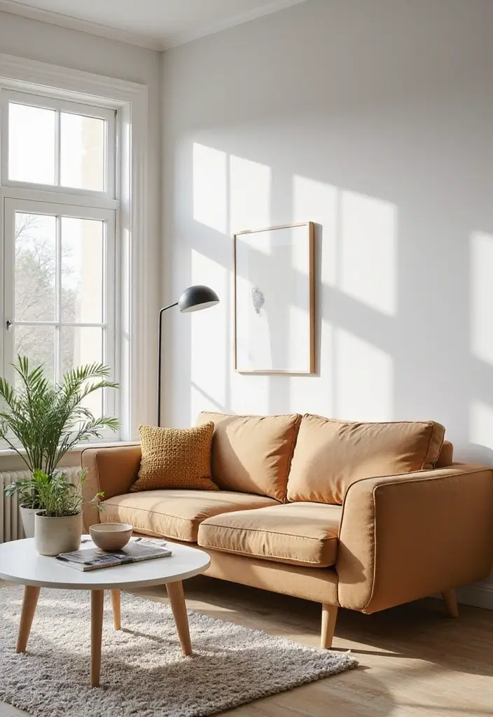 27 Camel Sofa Living Room Ideas That Add Warm Neutrals - 13. Scandinavian Simplicity with Natural Light
