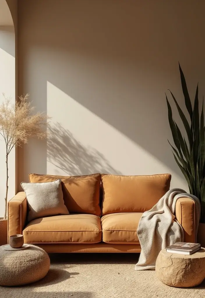 27 Camel Sofa Living Room Ideas That Add Warm Neutrals - 15. Outdoor-Inspired with Earthy Textures