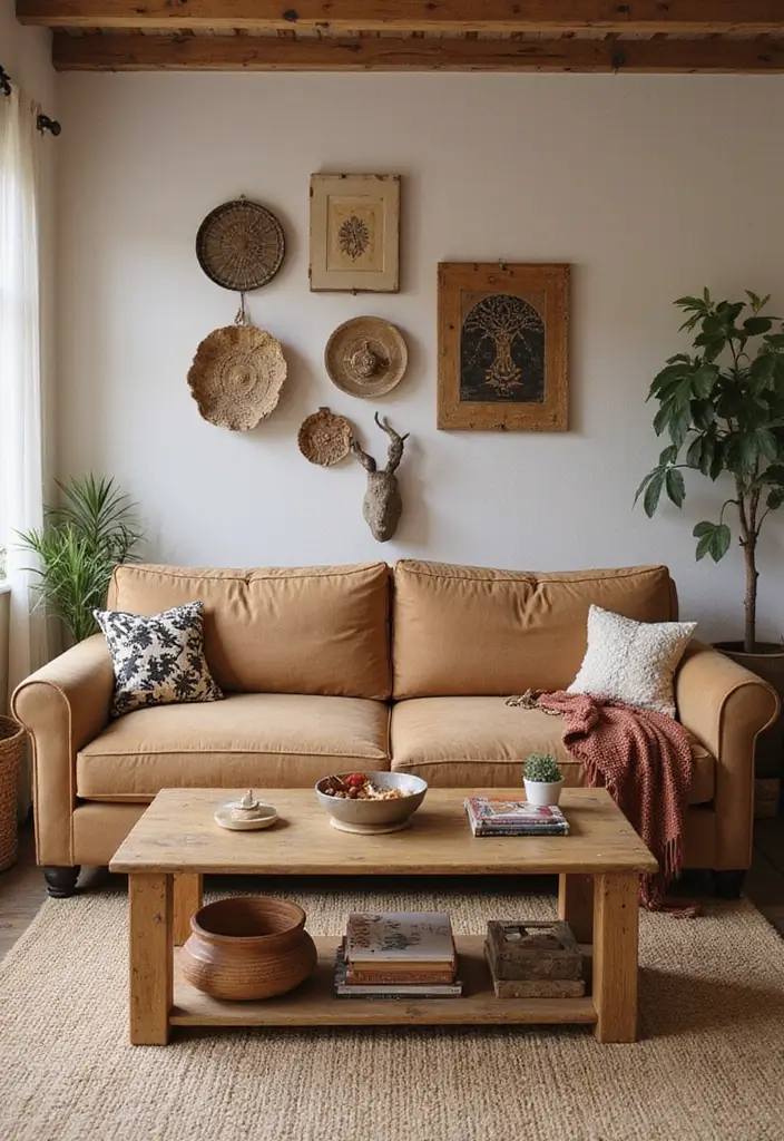 27 Camel Sofa Living Room Ideas That Add Warm Neutrals - 16. Artistic Fusion with Handmade Crafts