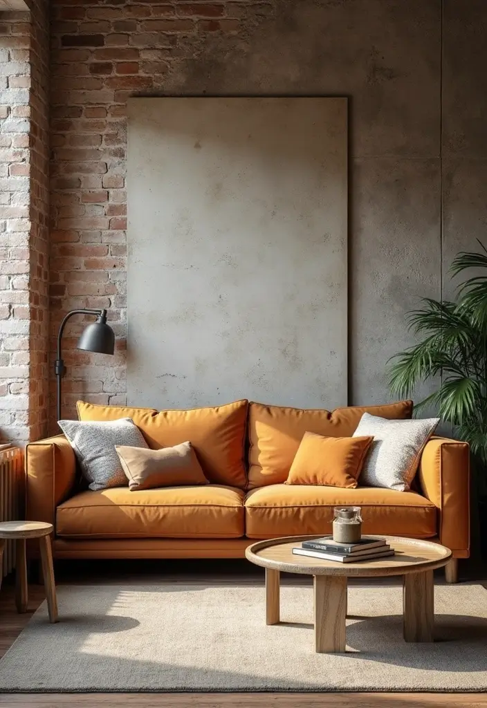 27 Camel Sofa Living Room Ideas That Add Warm Neutrals - 17. Industrial Chic with Raw Elements