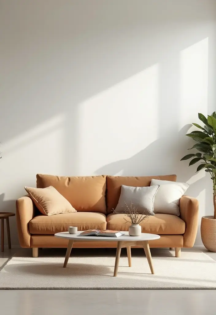 27 Camel Sofa Living Room Ideas That Add Warm Neutrals - 2. Minimalist Magic with Clean Lines