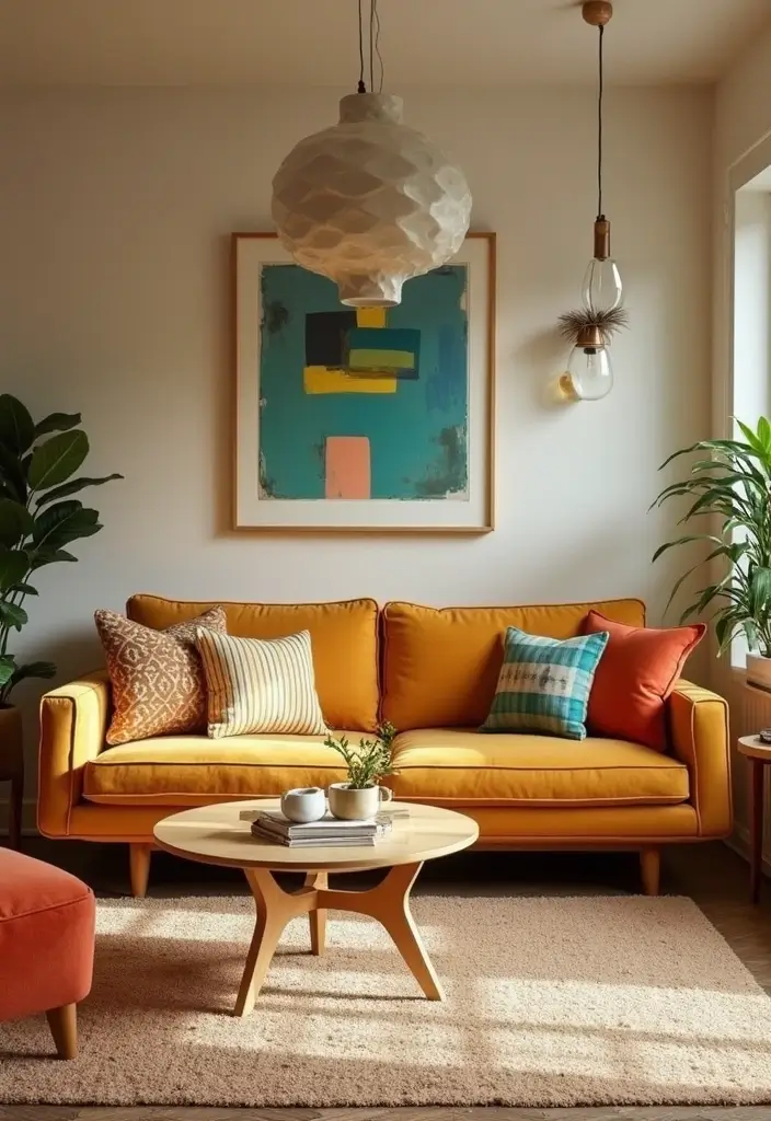 27 Camel Sofa Living Room Ideas That Add Warm Neutrals - 20. Retro Revival with Mid-Century Modern Flair
