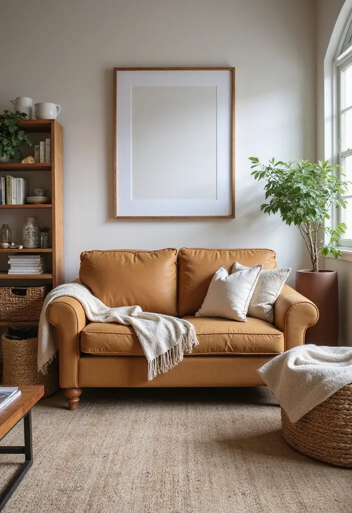 27 Camel Sofa Living Room Ideas That Add Warm Neutrals - 21. Farmhouse Cozy with Warm Hues