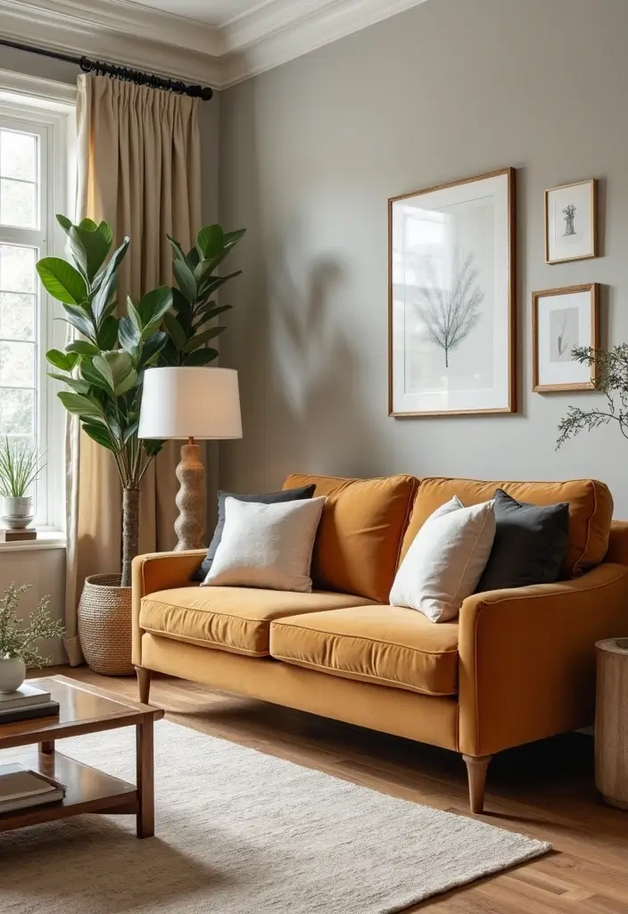 27 Camel Sofa Living Room Ideas That Add Warm Neutrals - 23. Transitional Style with Timeless Elements