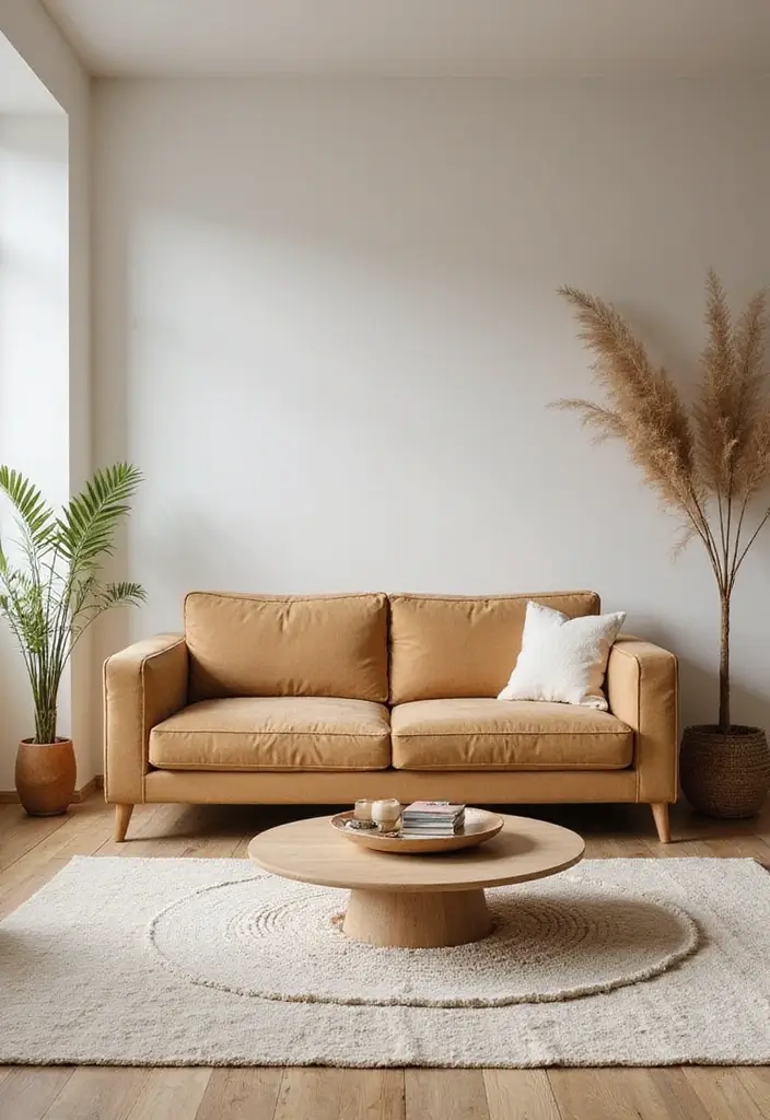 27 Camel Sofa Living Room Ideas That Add Warm Neutrals - 24. Zen Space with Minimal Decor