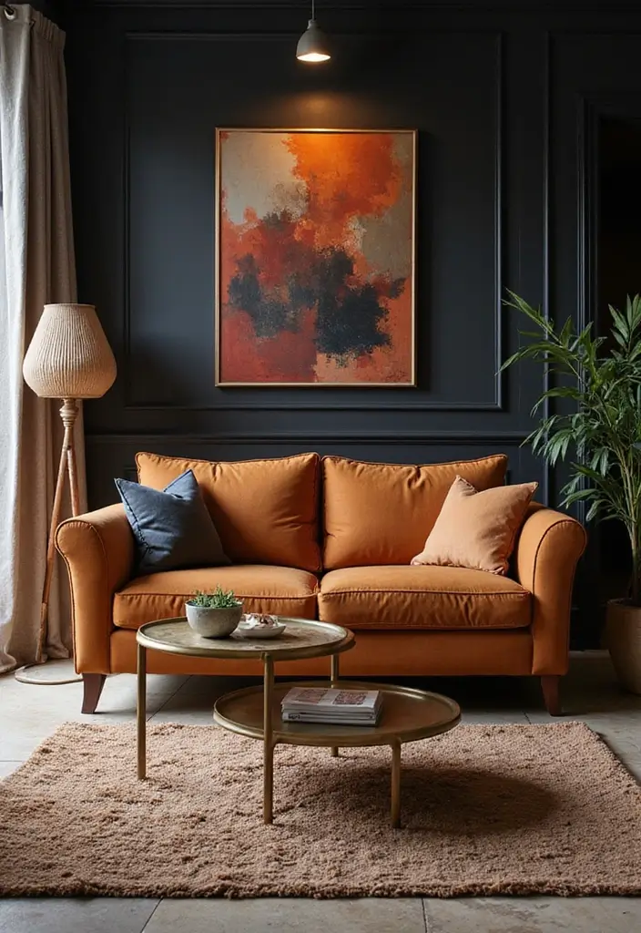 27 Camel Sofa Living Room Ideas That Add Warm Neutrals - 25. Bold Contrasts with Dark Accents
