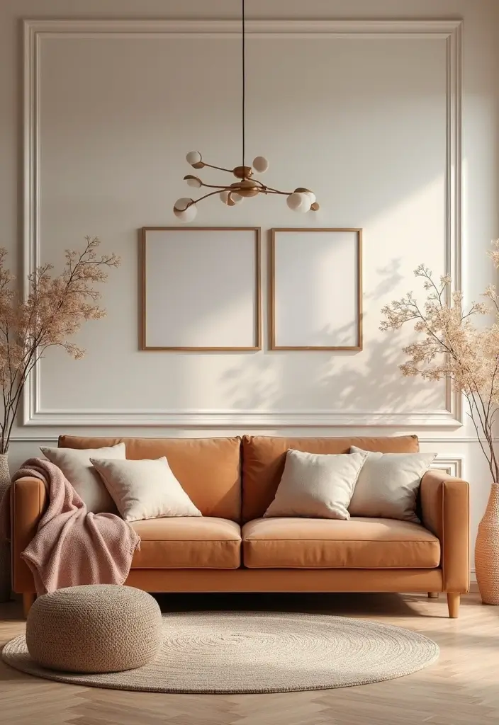 27 Camel Sofa Living Room Ideas That Add Warm Neutrals - 26. Soft & Feminine with Delicate Details