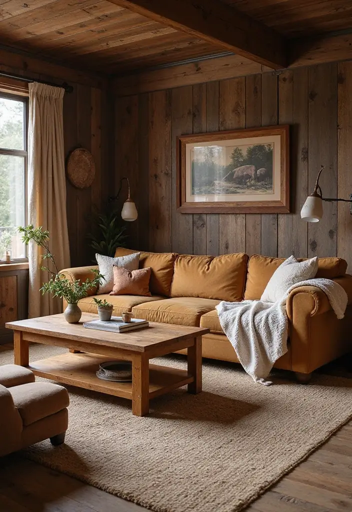 27 Camel Sofa Living Room Ideas That Add Warm Neutrals - 27. Cozy Cabin Feel with Warm Textures