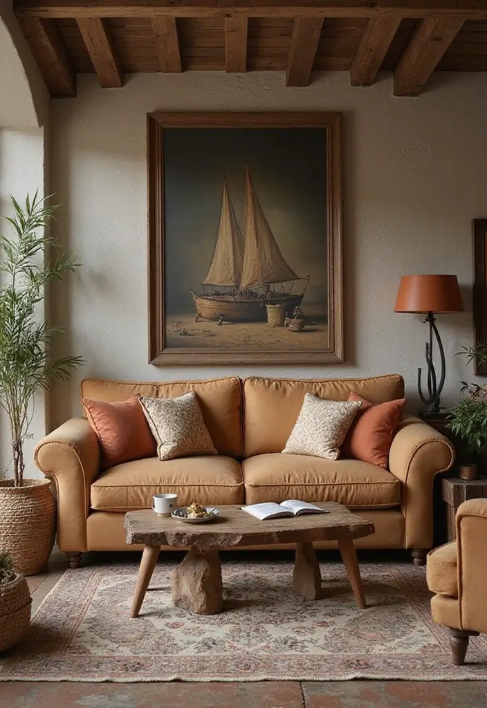 27 Camel Sofa Living Room Ideas That Add Warm Neutrals - 3. Rustic Charm with Vintage Finds