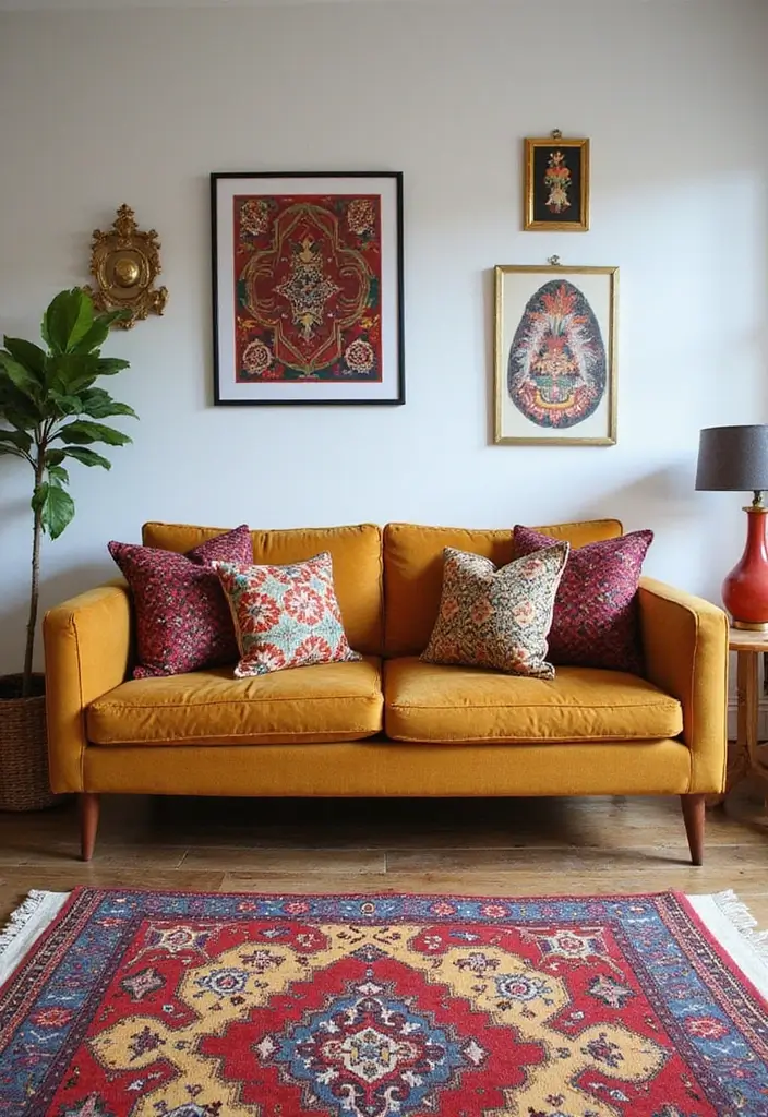 27 Camel Sofa Living Room Ideas That Add Warm Neutrals - 4. Eclectic Energy with Bold Patterns