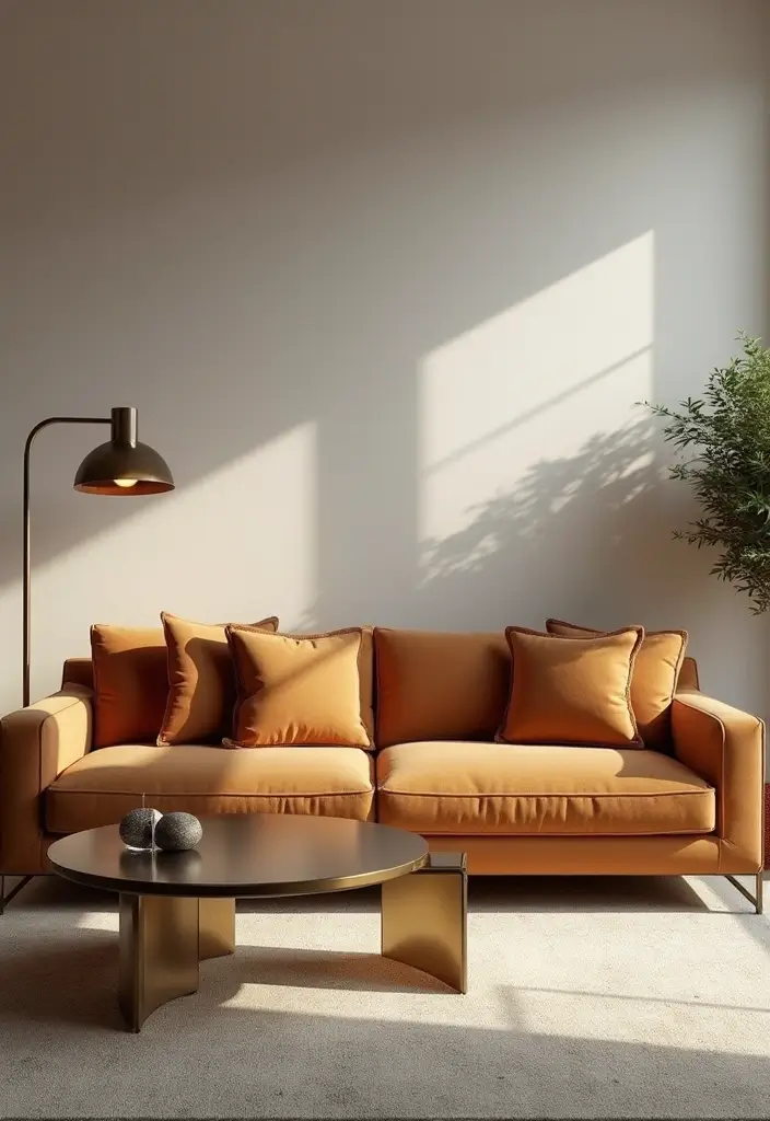 27 Camel Sofa Living Room Ideas That Add Warm Neutrals - 5. Chic Contemporary with Metallic Accents