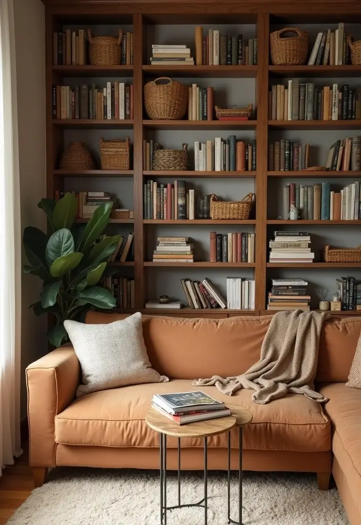 27 Camel Sofa Living Room Ideas That Add Warm Neutrals - 6. Cozy Corner with Books and Baskets