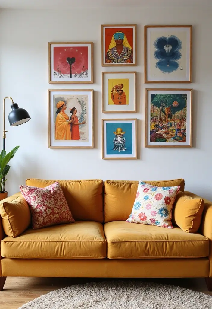 27 Camel Sofa Living Room Ideas That Add Warm Neutrals - 7. Artistic Expression with Colorful Wall Art