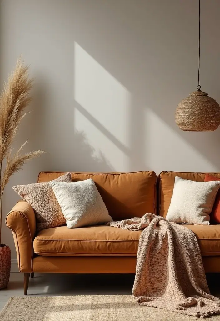 27 Camel Sofa Living Room Ideas That Add Warm Neutrals - 8. Layered Textiles for Ultimate Comfort
