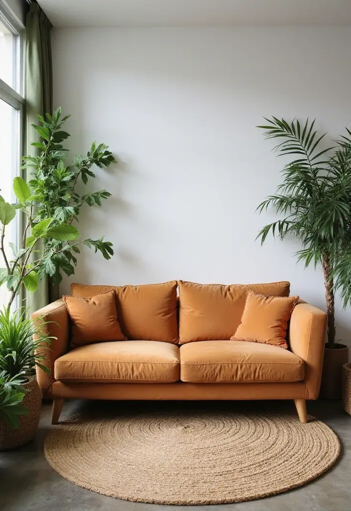 27 Camel Sofa Living Room Ideas That Add Warm Neutrals - 9. Natural Elements with Indoor Plants