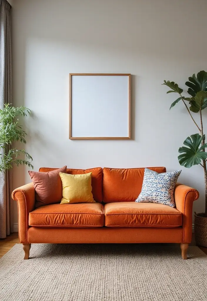 27 Comfy Couches Living Room Small Spaces That Feel Plush and Cozy - 13. Colorful Pop of Fabric