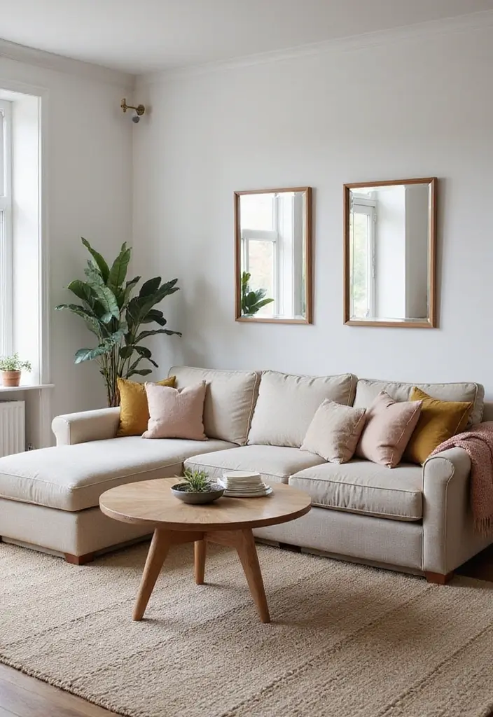 27 Corner Sofa Living Room Small Spaces That Maximize Comfort - 26. Smart Use of Mirrors