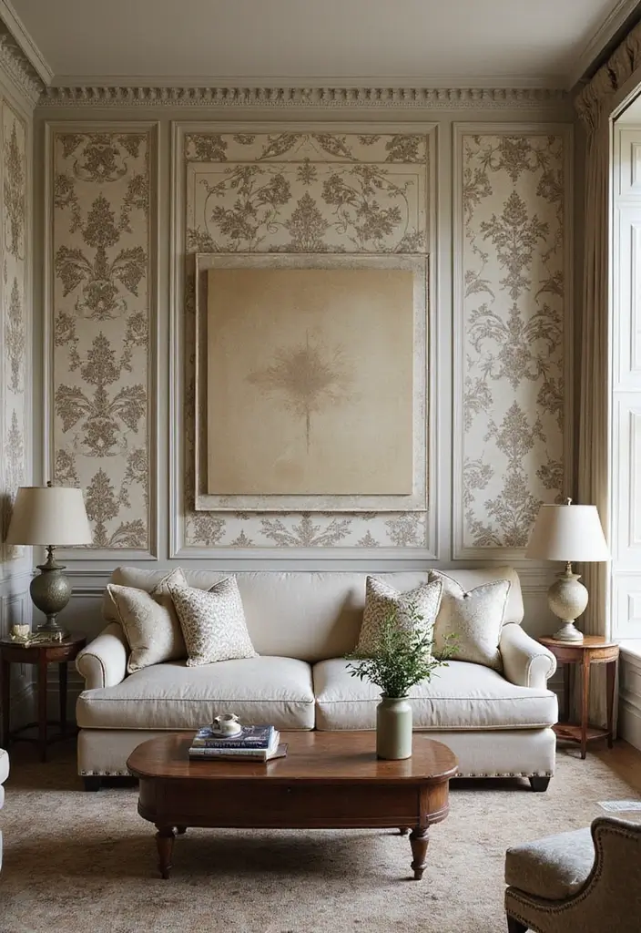 27 Formal Living Room Ideas That Feel Elegant and Timeless - 10. Vintage-Inspired Wallpaper