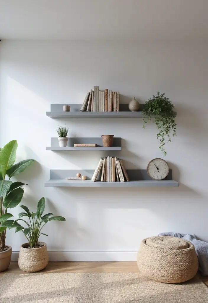 27 Gray Color Palette Living Room Ideas That Feel Modern and Neutral - 15. Minimalist Gray Shelving