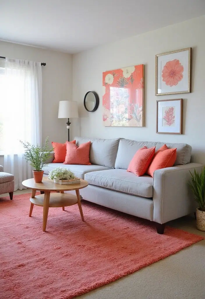 27 Gray Color Palette Living Room Ideas That Feel Modern and Neutral - 17. Gray and Coral Contrast
