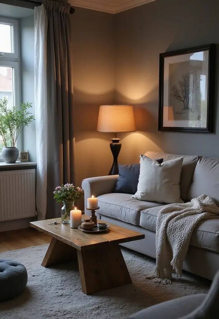 27 Gray Color Palette Living Room Ideas That Feel Modern and Neutral - 23. Gray with Warm Lighting