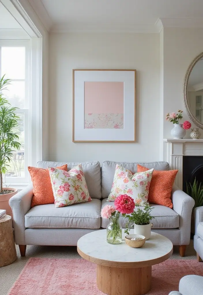 27 Gray Color Palette Living Room Ideas That Feel Modern and Neutral - 24. Gray and Bright Floral Accents