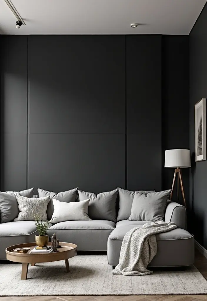 27 Living Room Black Wall Ideas That Look Bold and Modern - 1. Monochromatic Magic