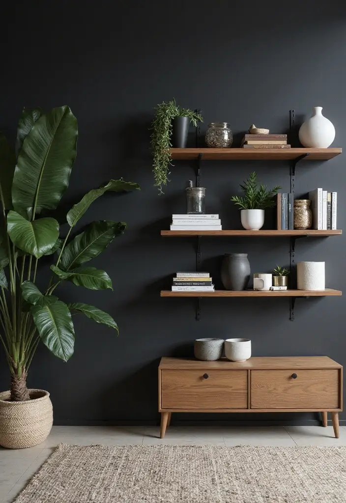 27 Living Room Black Wall Ideas That Look Bold and Modern - 10. Open Shelving