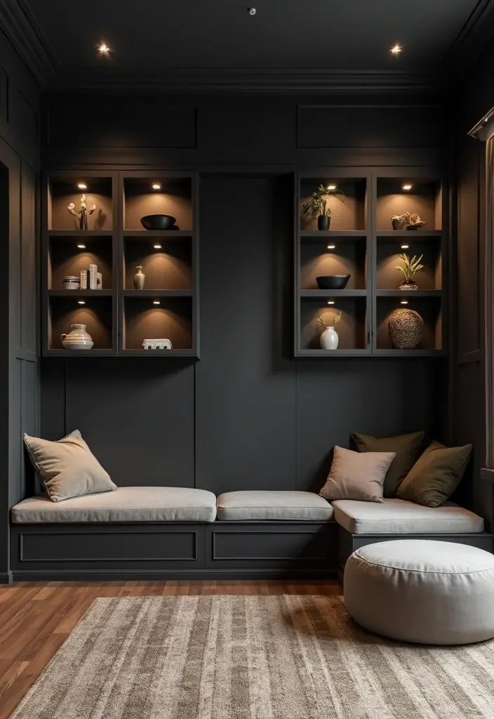27 Living Room Black Wall Ideas That Look Bold and Modern - 11. Built-In Features