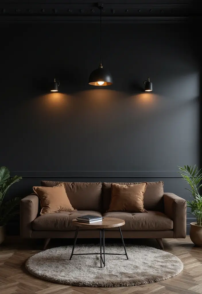 27 Living Room Black Wall Ideas That Look Bold and Modern - 12. Statement Lighting Fixtures