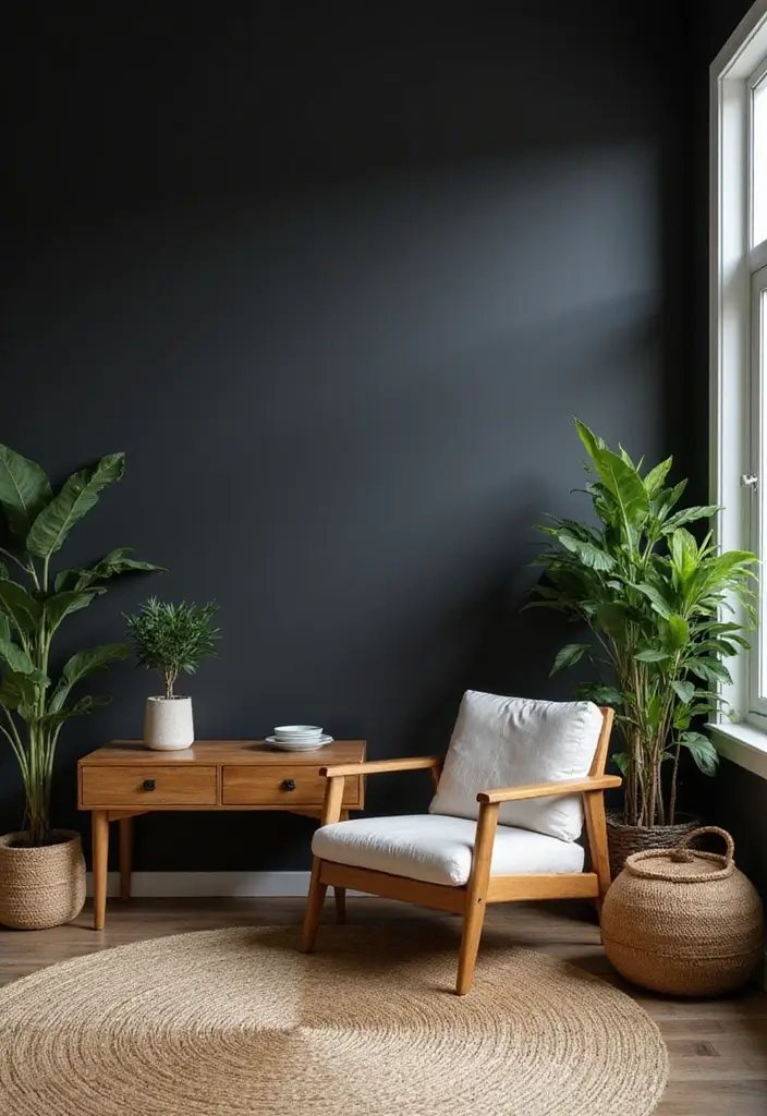 27 Living Room Black Wall Ideas That Look Bold and Modern - 14. Natural Elements