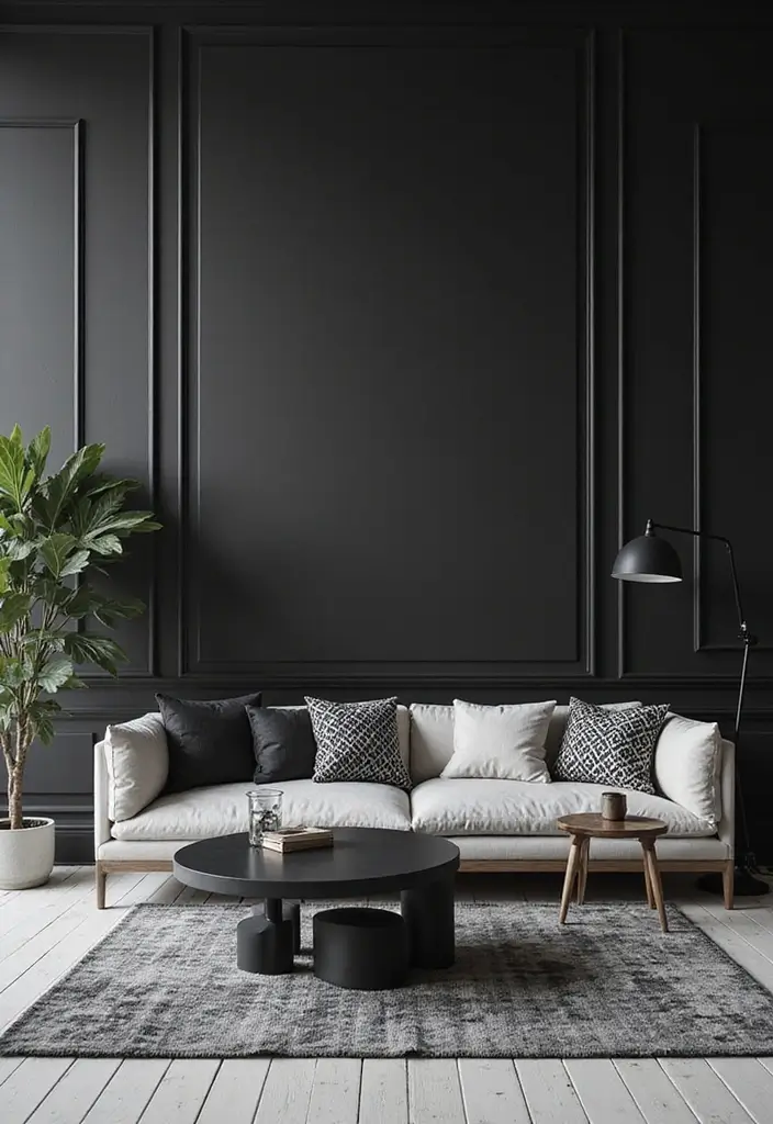 27 Living Room Black Wall Ideas That Look Bold and Modern - 15. Black and White Theme