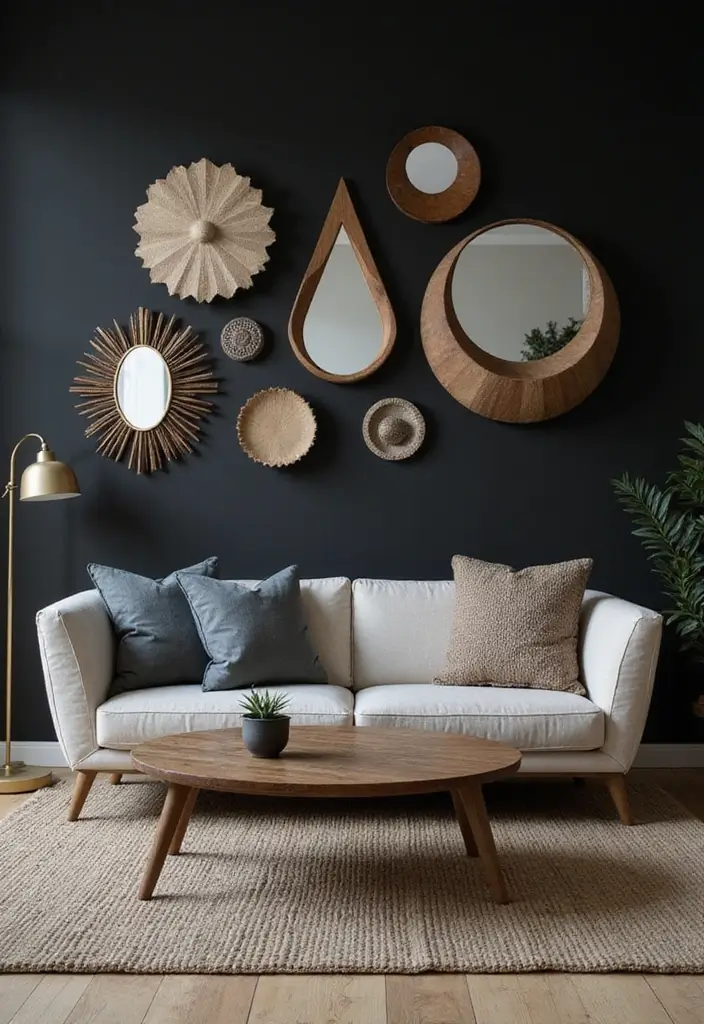 27 Living Room Black Wall Ideas That Look Bold and Modern - 16. Play with Shapes