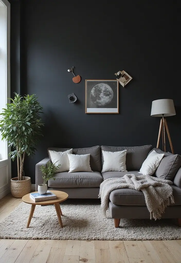 27 Living Room Black Wall Ideas That Look Bold and Modern - 17. Bold Wall Decals