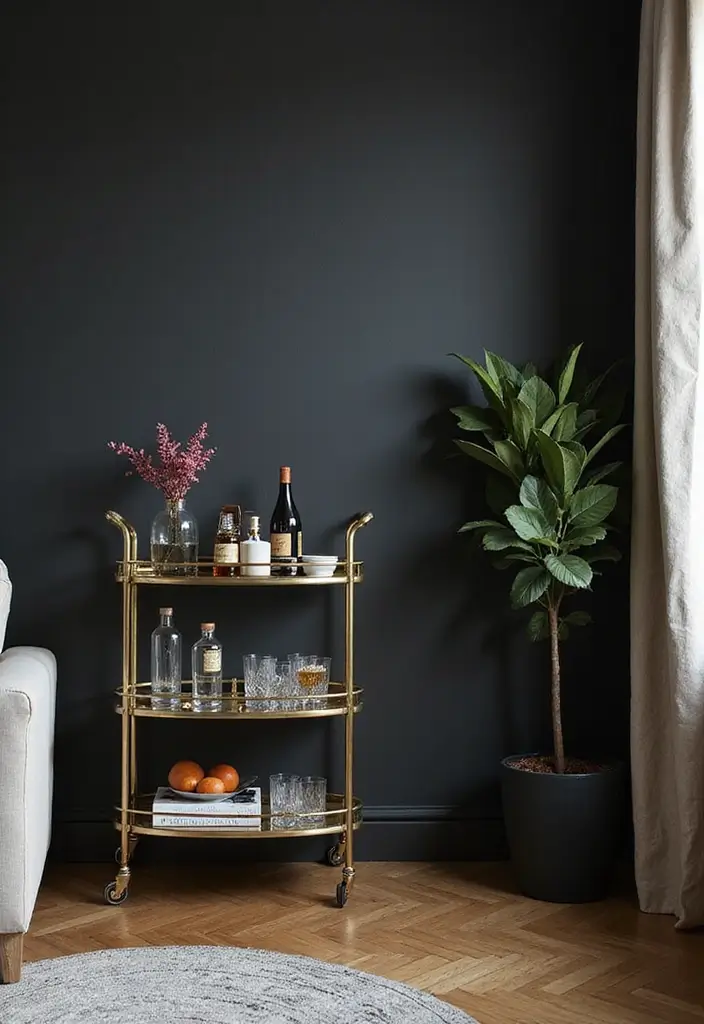 27 Living Room Black Wall Ideas That Look Bold and Modern - 18. Stylish Bar Cart
