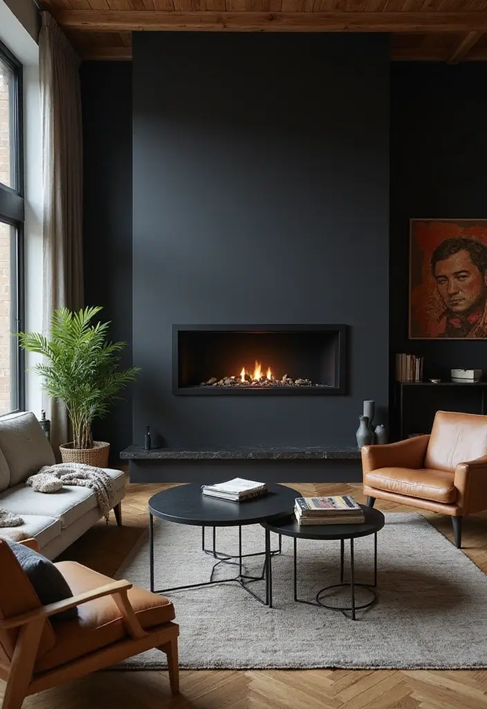 27 Living Room Black Wall Ideas That Look Bold and Modern - 19. Modern Fireplace