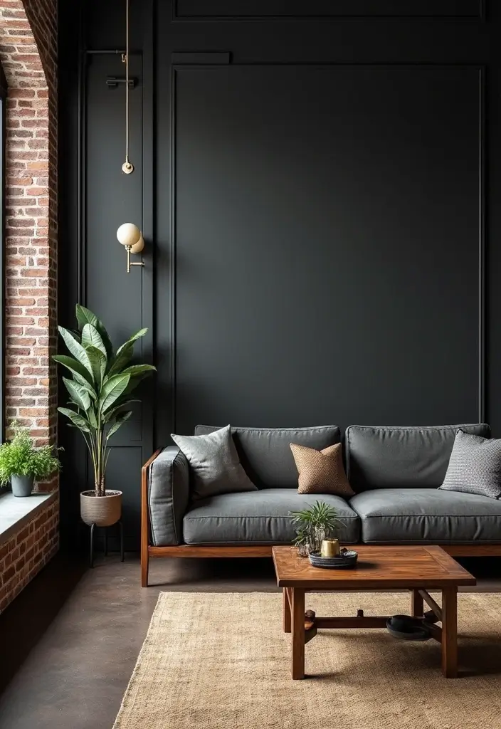 27 Living Room Black Wall Ideas That Look Bold and Modern - 2. Industrial Vibes