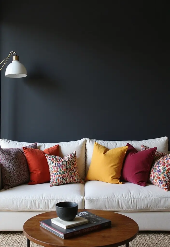 27 Living Room Black Wall Ideas That Look Bold and Modern - 21. Accent Pillows