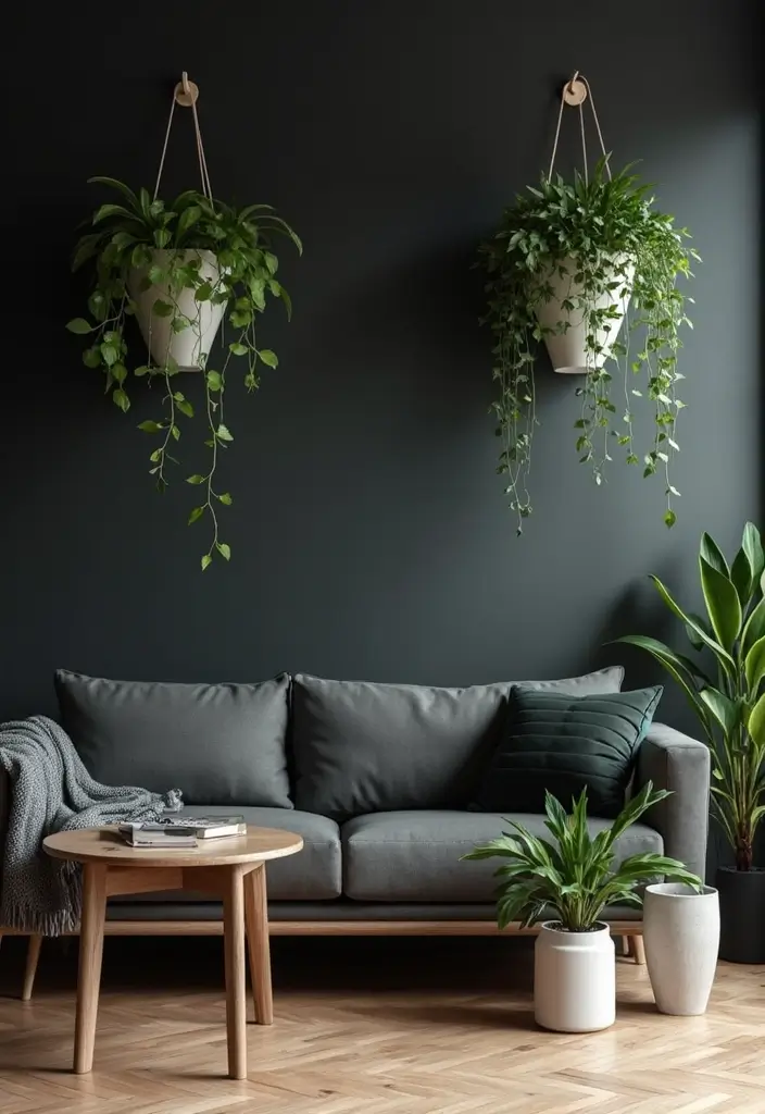 27 Living Room Black Wall Ideas That Look Bold and Modern - 22. Wall-Mounted Plants
