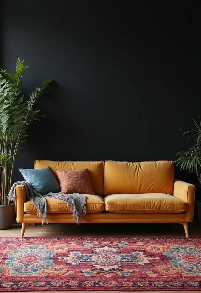 27 Living Room Black Wall Ideas That Look Bold and Modern - 23. Colorful Rugs