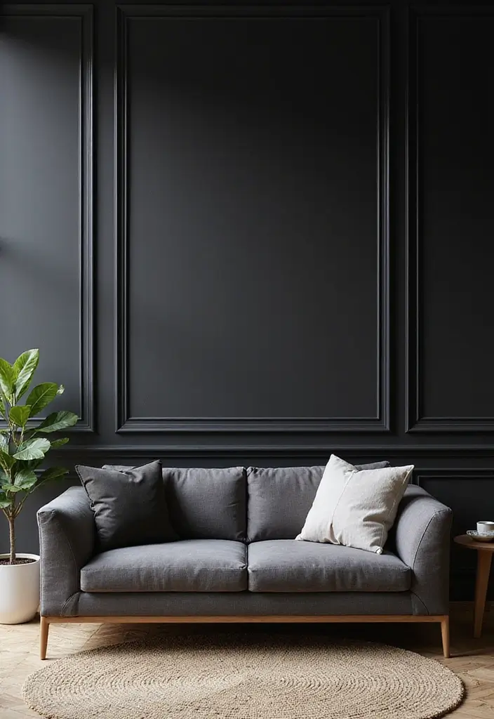27 Living Room Black Wall Ideas That Look Bold and Modern - 24. Custom Molding