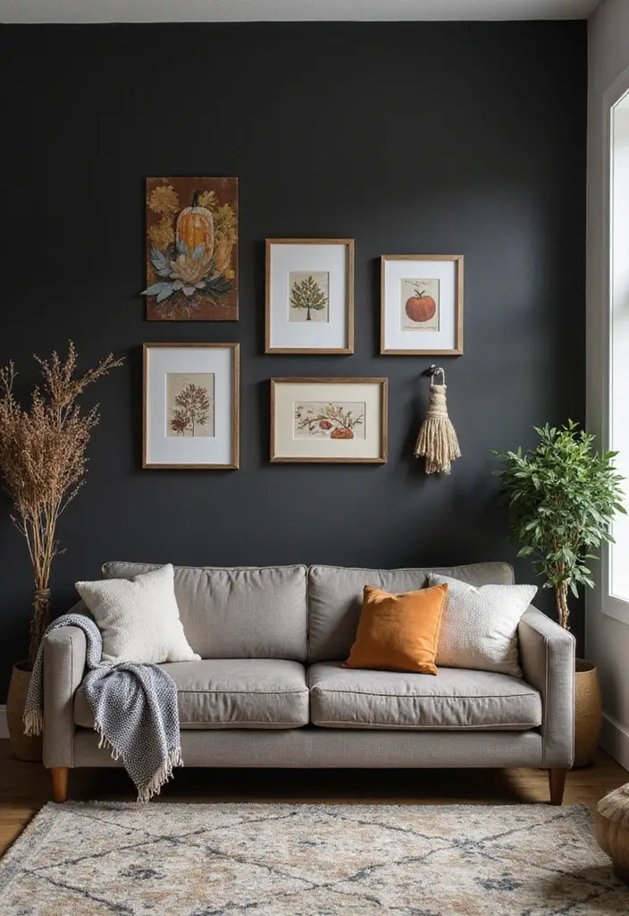 27 Living Room Black Wall Ideas That Look Bold and Modern - 27. Seasonal Decor Swaps
