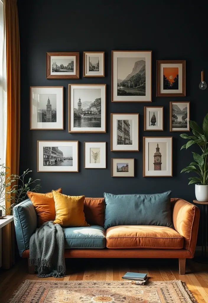 27 Living Room Black Wall Ideas That Look Bold and Modern - 3. Gallery Wall Delight