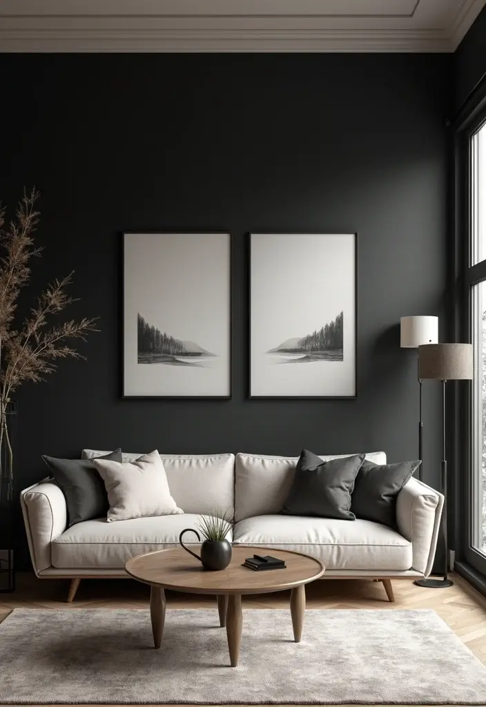 27 Living Room Black Wall Ideas That Look Bold and Modern - 8. Minimalist Artwork
