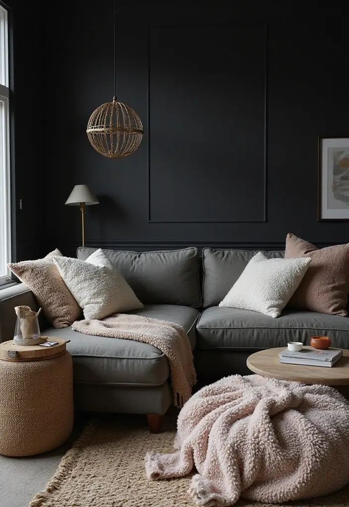 27 Living Room Black Wall Ideas That Look Bold and Modern - 9. Cozy Textiles
