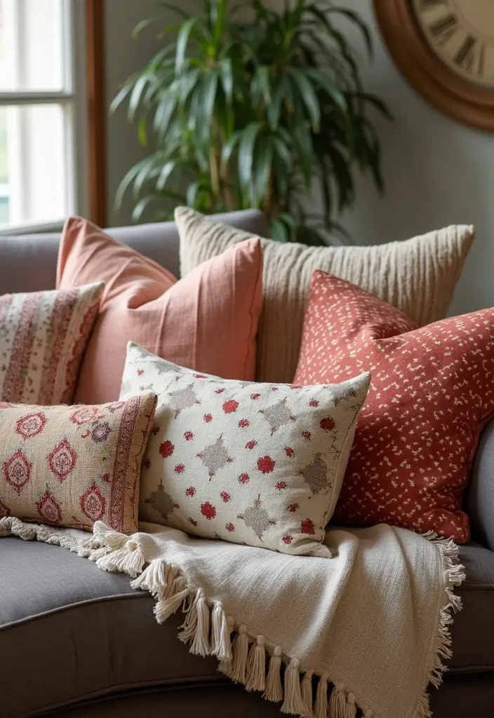 27 Living Room Decor Cozy Vintage Ideas That Add Retro Charm - 1. Retro Throw Pillows