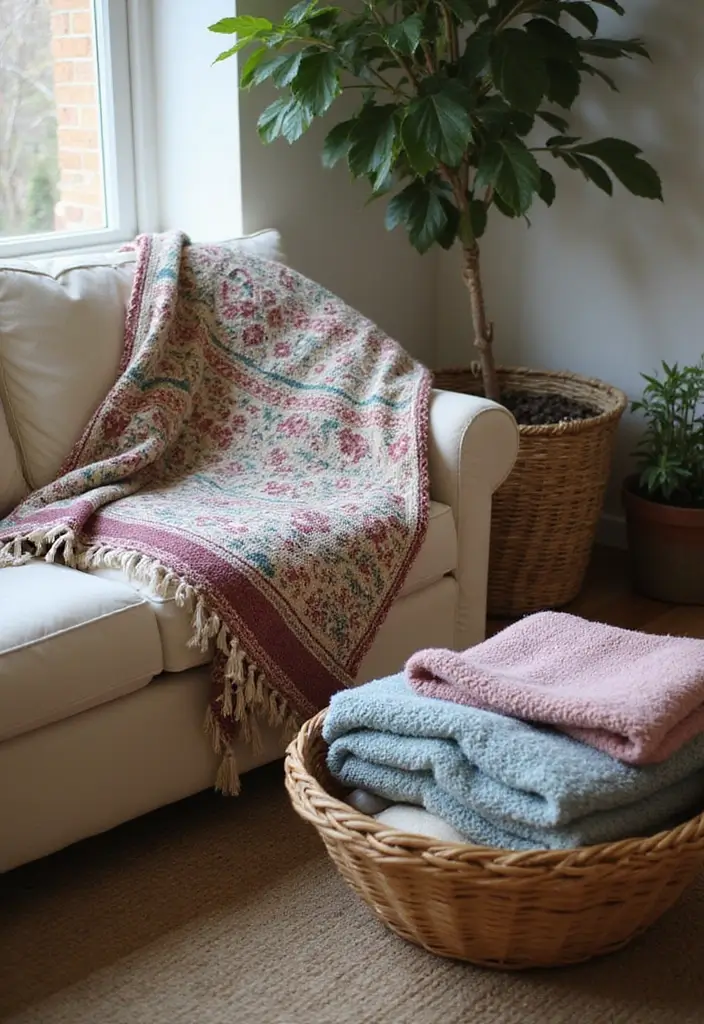 27 Living Room Decor Cozy Vintage Ideas That Add Retro Charm - 22. Cozy Blankets